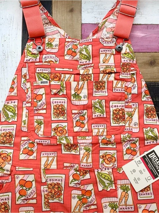 NWT Duluth Medium x35L Heirloom Gardening Bib Overalls Coral Seed Packets Farm - Picture 5 of 9